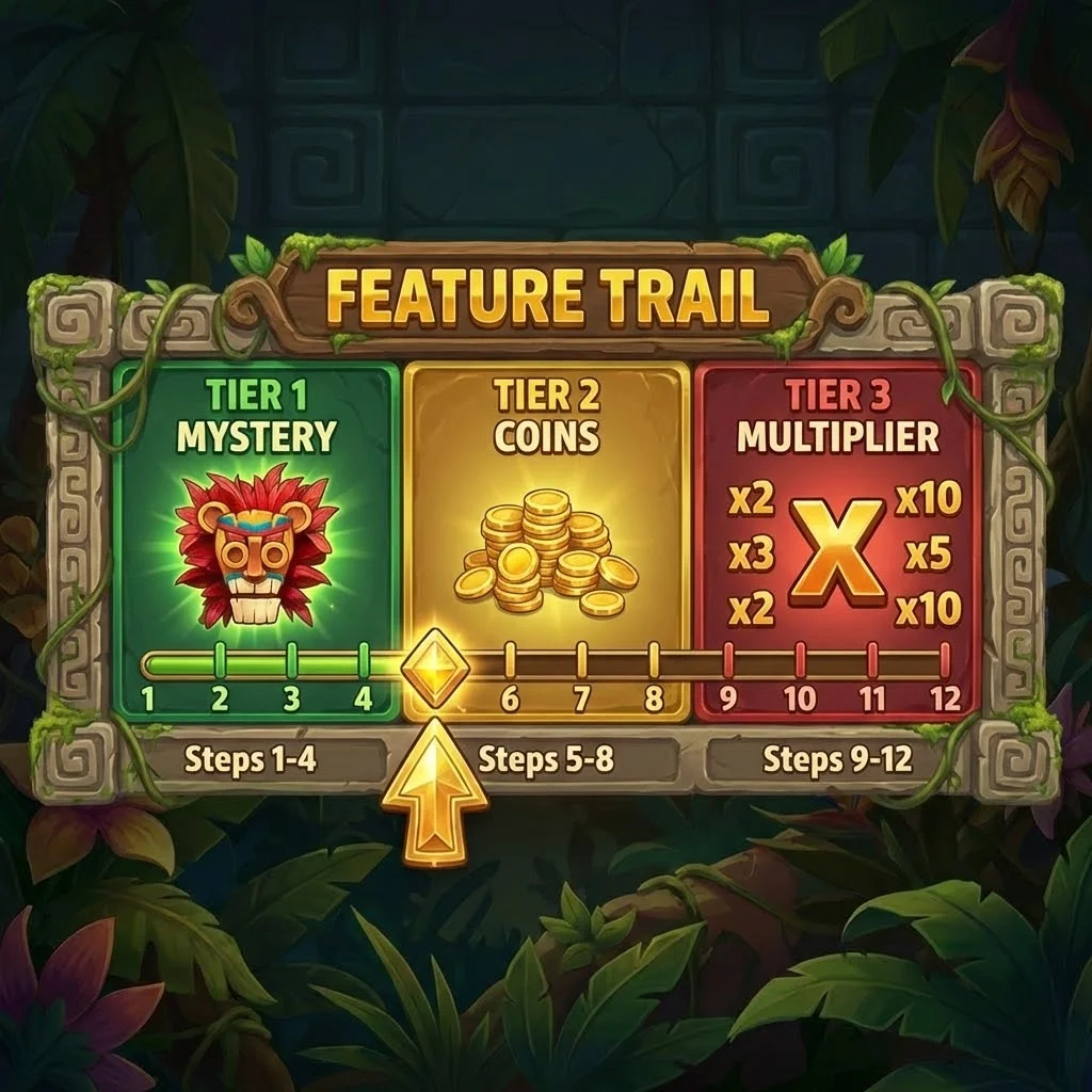 Beast Gains barra progressione Feature Trail — Tier 1 Mystery, Tier 2 Monete, Tier 3 Moltiplicatore